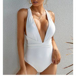 NWT MOLYBELL Women One Piece Swimsuits, High Waitsted Ribbed Plunge White S